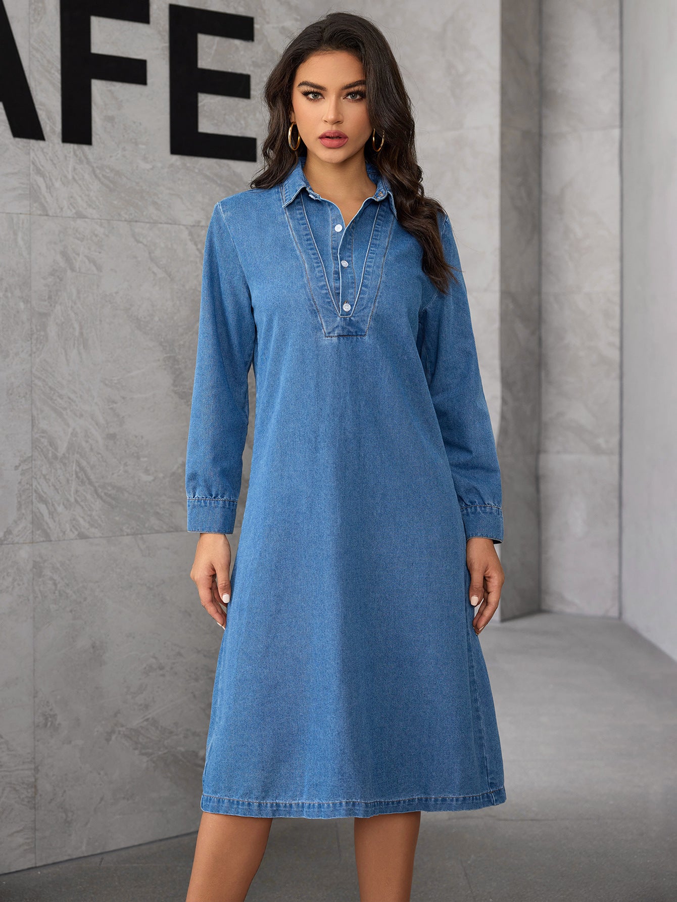 Chic Turndown Collar Long Sleeve Autumn Winter Loose Shirt Denim Dress 4