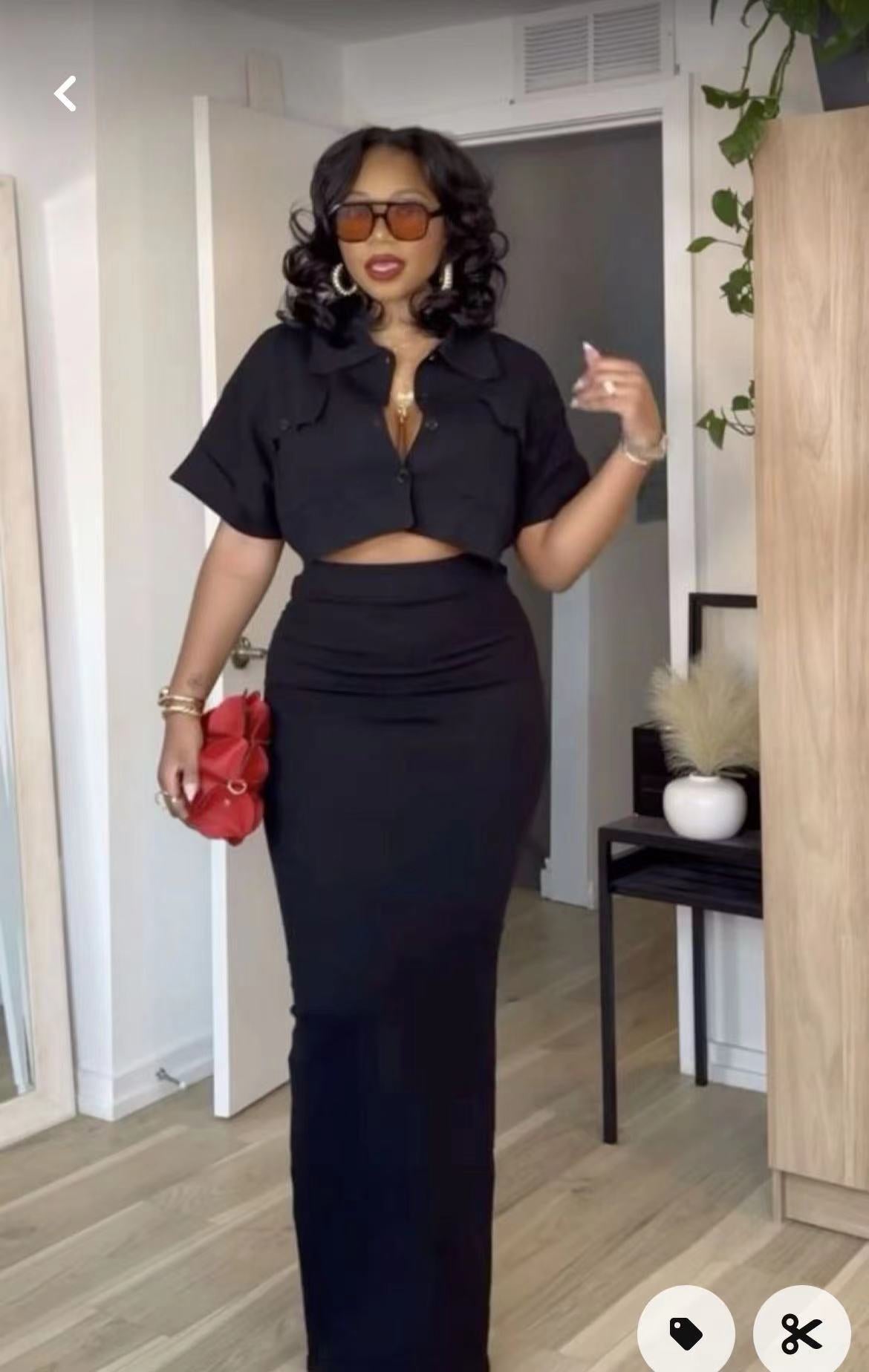 Spring Fashion Casual Black Short Sleeve Crop  Shirt Slim Fit Skirt Two Piece Set