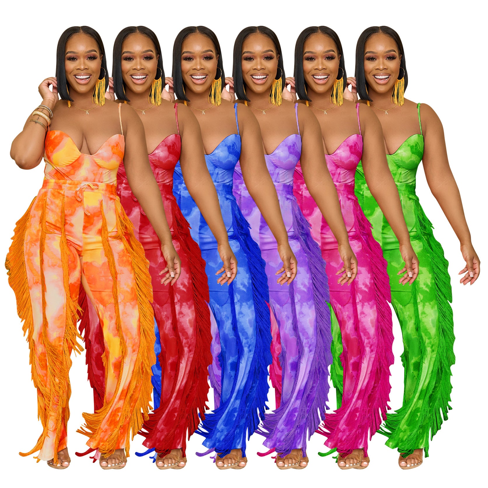 Women's Set Printed Fringed Lace Camisole Bodysuit + Pants Two-Piece 7