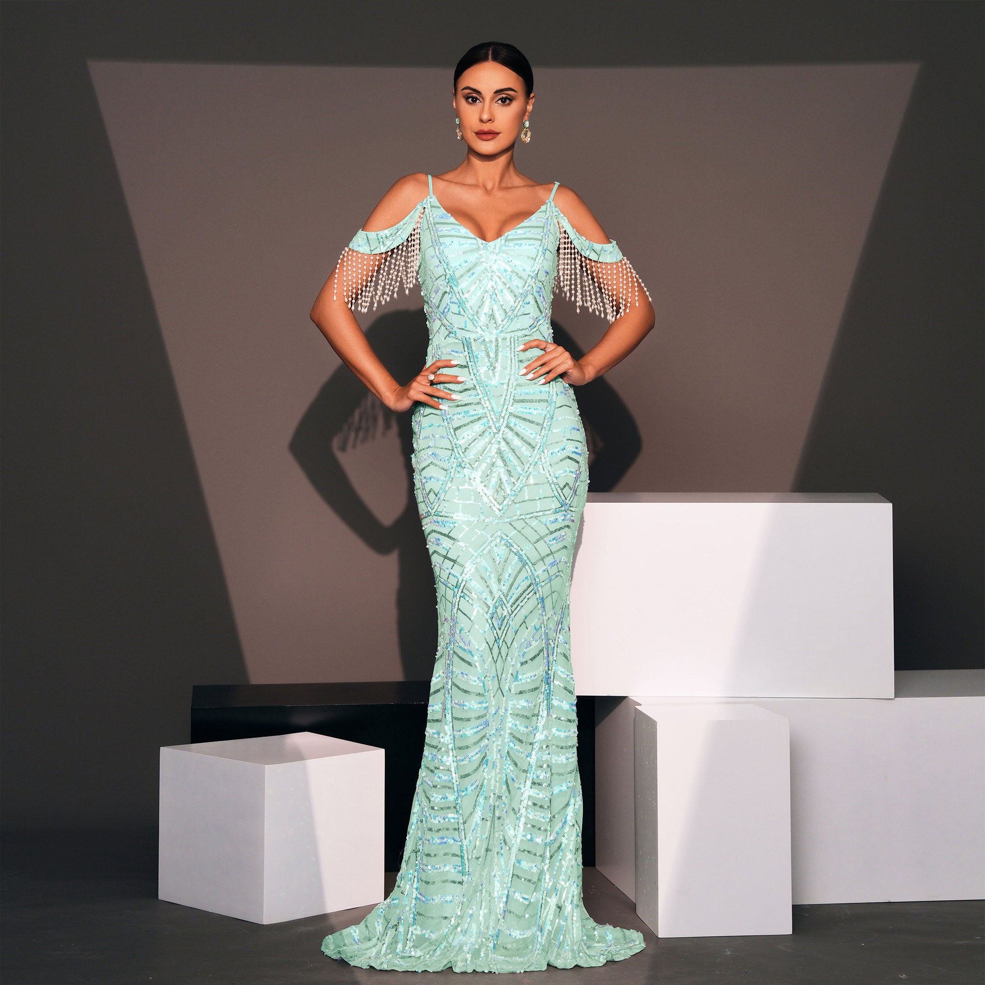 Women suspenders V-neck sexy sequins Formal Party fishtail evening dress 3