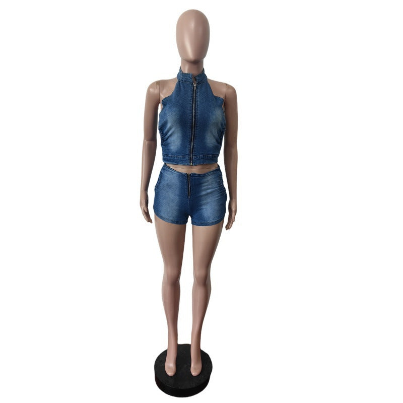 Women Denim zipper Top and shorts Two Piece Set 5