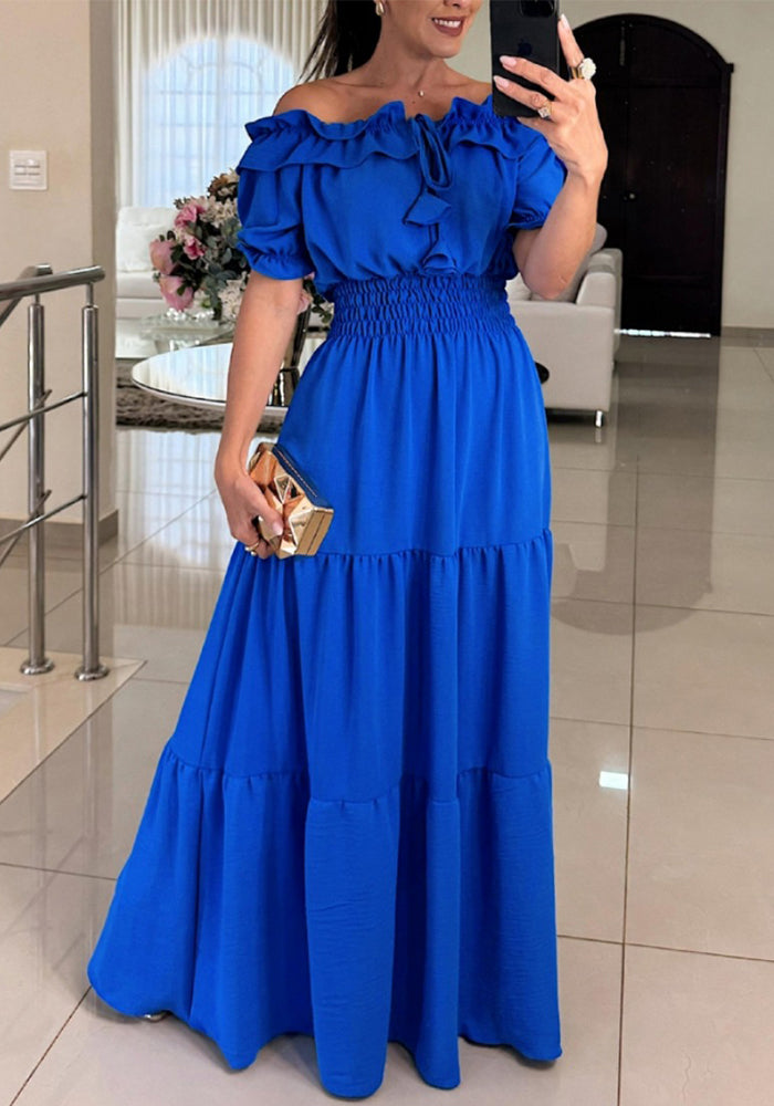 Fashionable Women's Solid Color Tie Ruffle Off-Shoulder Puff Sleeve Maxi Dress