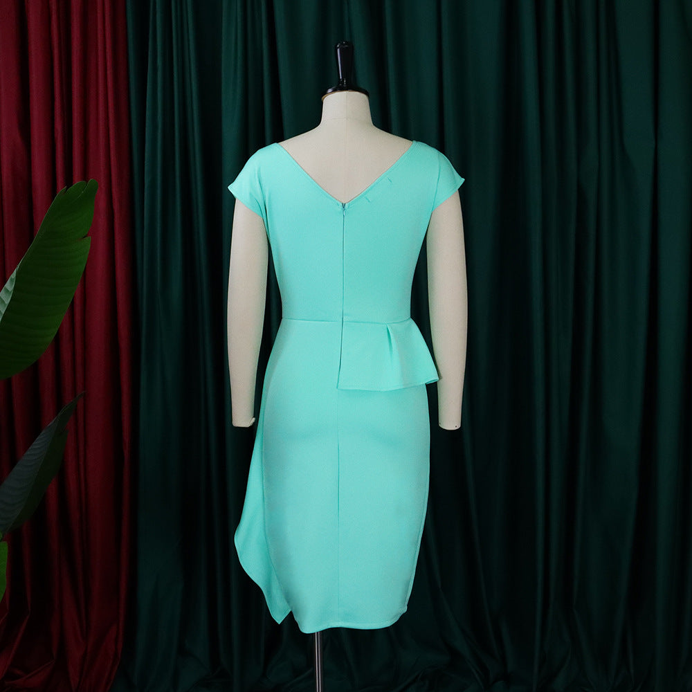 Women Summer Solid Pleated Ruffle Slit Bodycon Dress 7