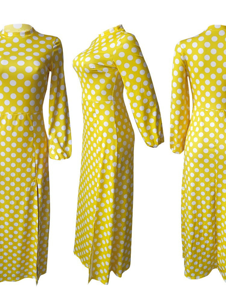 Women's Spring And Winter Round Neck Polka Dot Long Sleeve High Slit Midi Dress 6