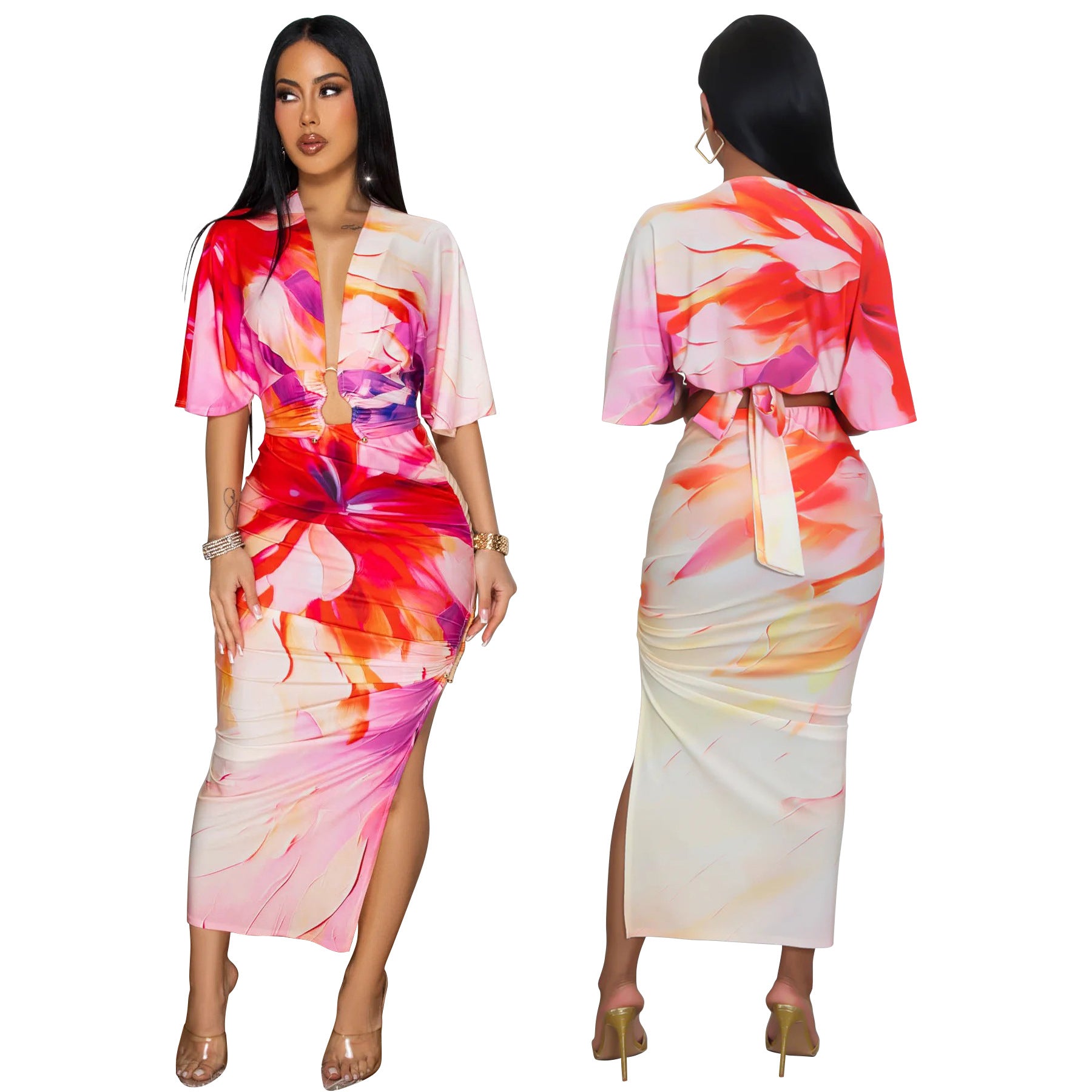 Summer Sexy Printed V Neck Top Side Slit Long Skirt Two Piece Set