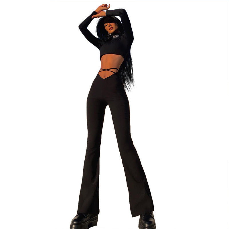 Women Spring Cross Strap Solid Bell Bottom Casual Pants 6
