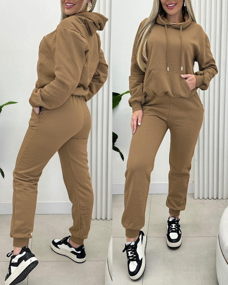 Women's Solid Color Casual Sports Hooded Two Piece Tracksuit 6
