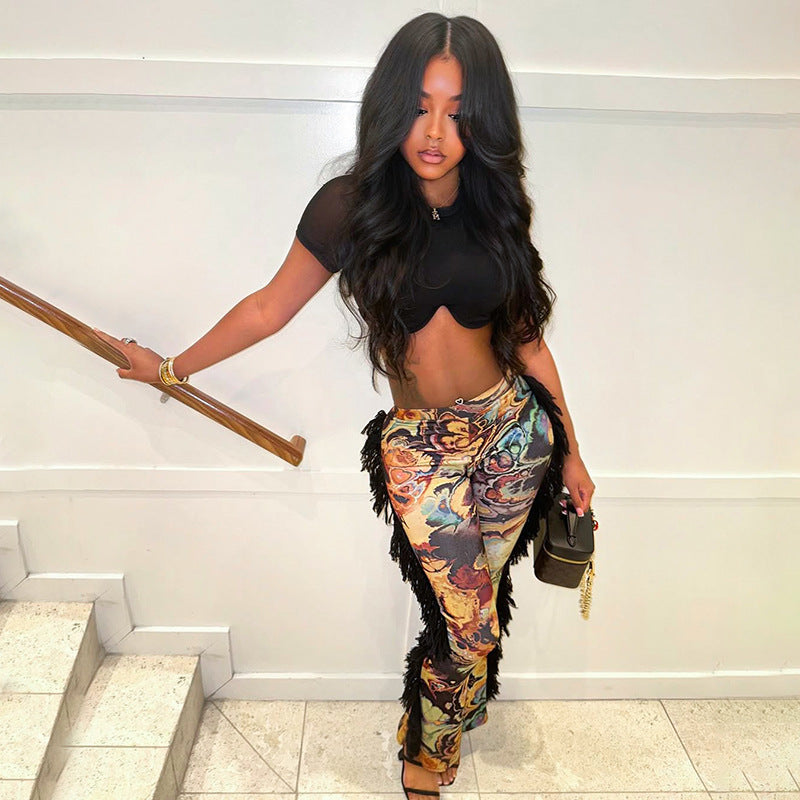 Women Autumn/Winter Multi-Color Printed Fringed Patchwork Pants 16