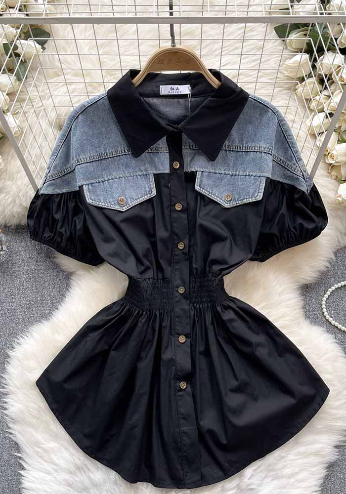 Women Contrast Patchwork Puff Sleeve Stretch Shirt