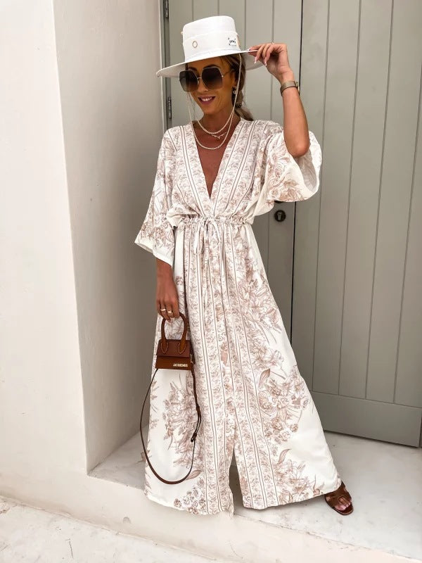 Women Spring Summer V Neck Short Sleeve Printed Dress 5