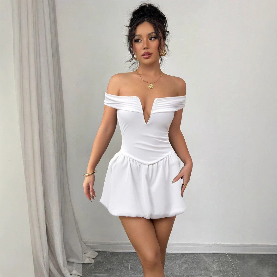 Women Summer Off Shoulder V Neck Pleated Raglan Sleeve Sexy Backless Dress 5