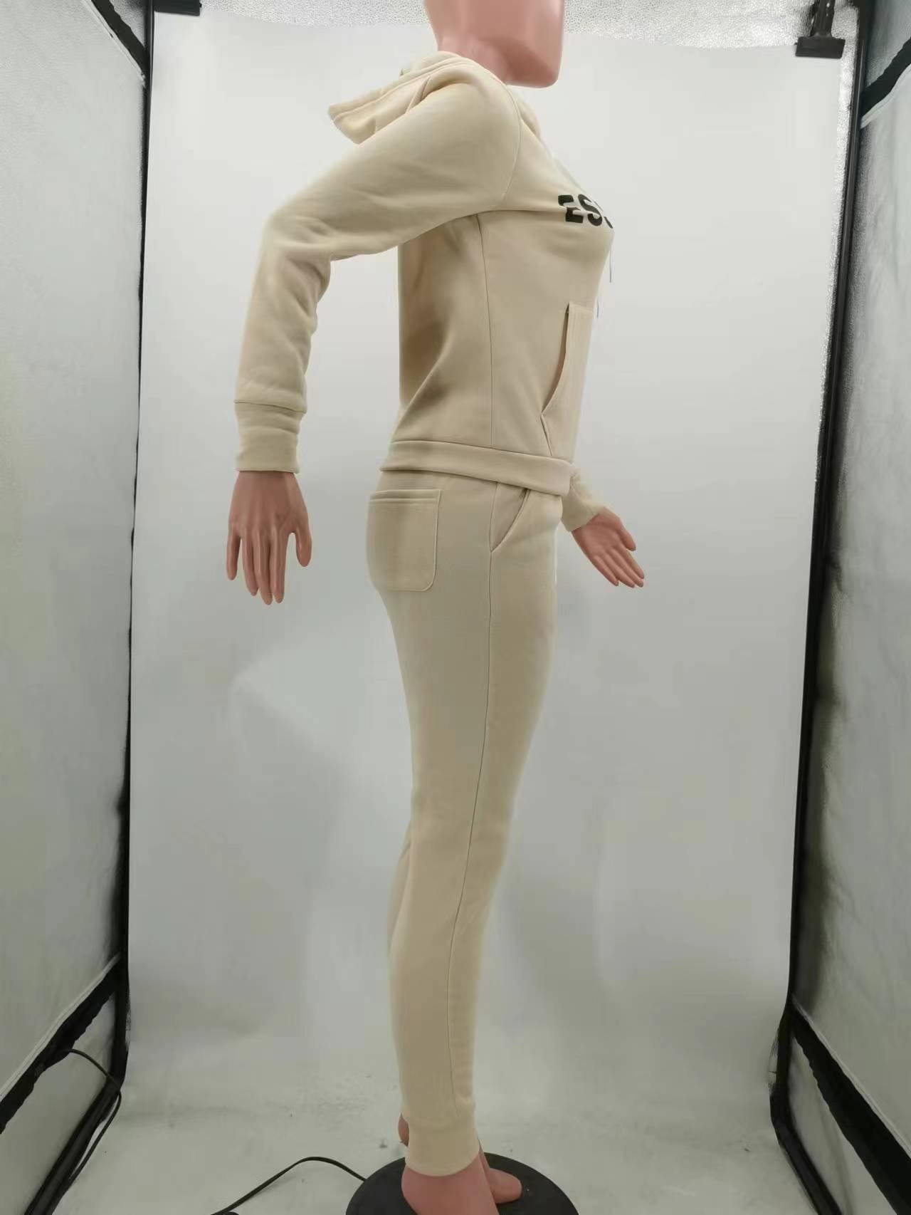 Women's Fashion Winter Fleece Drawstring Letter Print Hoodie Two-Piece Set with Pockets 16