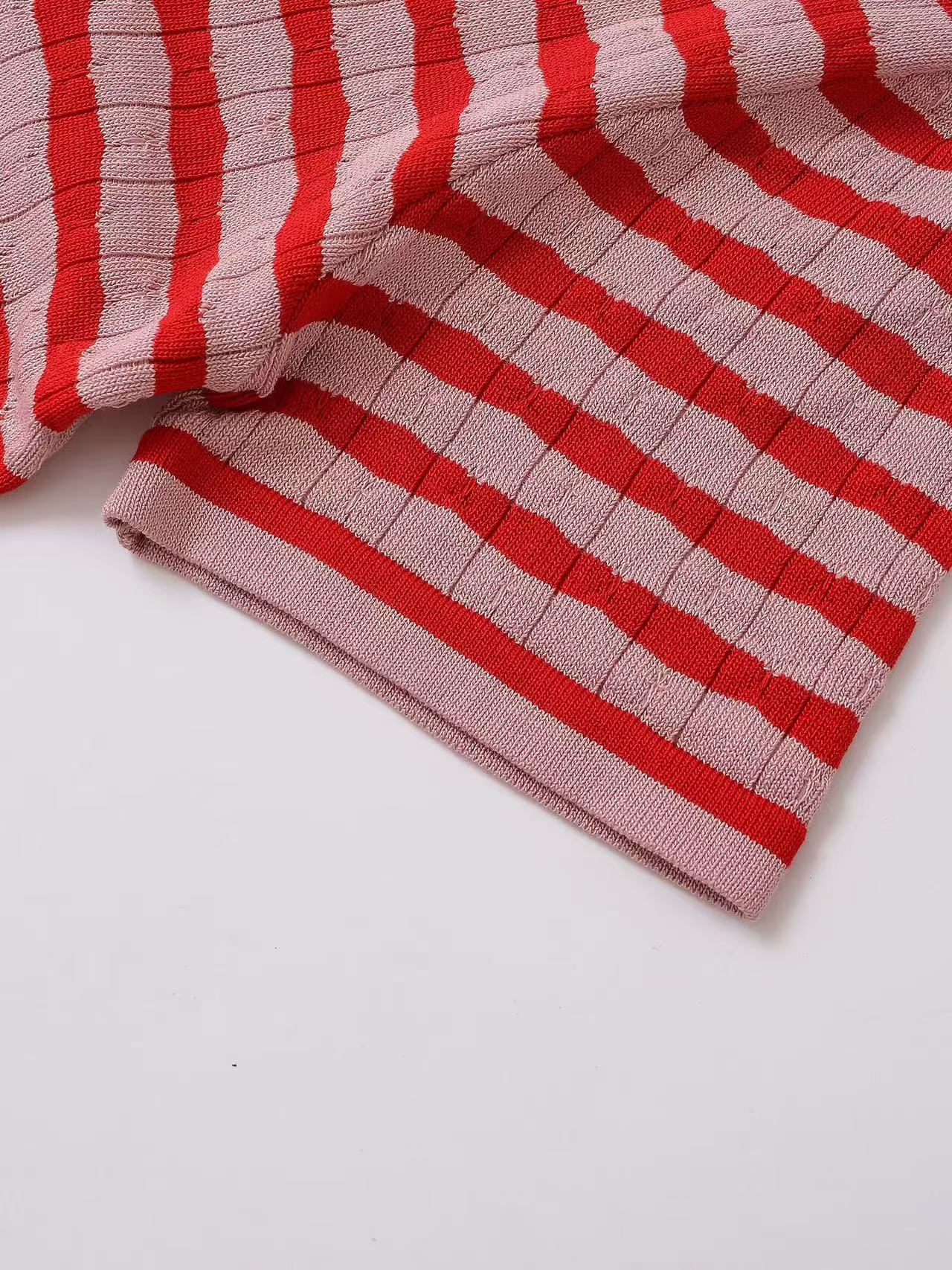 Fashion Turndown Collar Shirt & Striped Bell-Bottom Pants Summer Knit Set 25