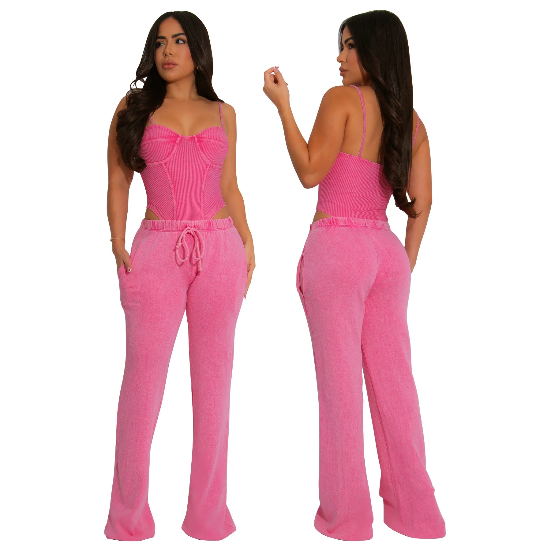 Women Sexy Cotton Washed Strapless Top and Pant Two-Piece Set 4