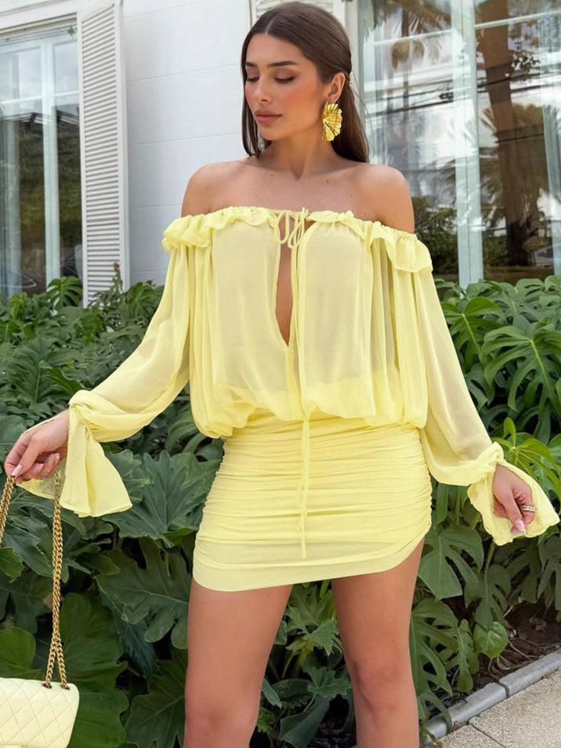 Women Fall Sexy Off-Shoulder Hollow Lace-Up Solid Bodycon Dress 4