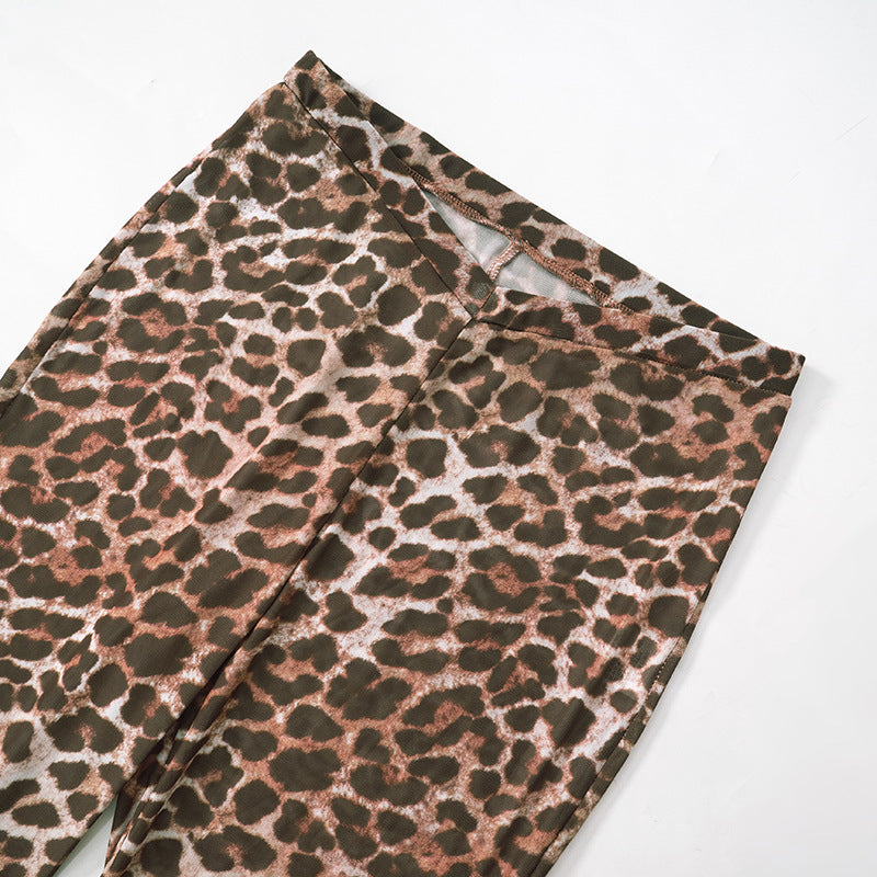 Women leopard print mesh long sleeve cape See-Through sexy two-piece set 14