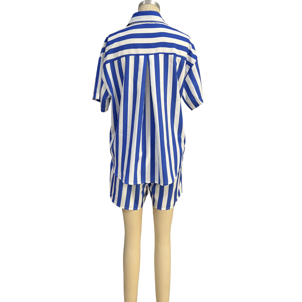 Striped Turndown Collar Long Sleeve Shirt Elastic Waist Shorts Set Two-Piece Set 9