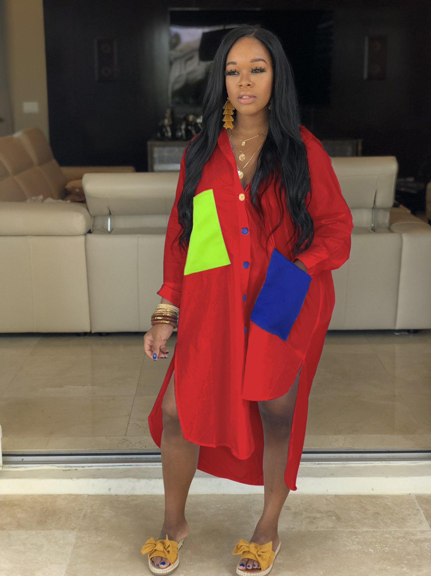 Sexy Color Block Pocket Long Shirtwomen's Clothing 4