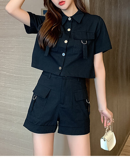 Two-piece summer Cargo style short-sleeved jacket wide-leg shorts women's suit