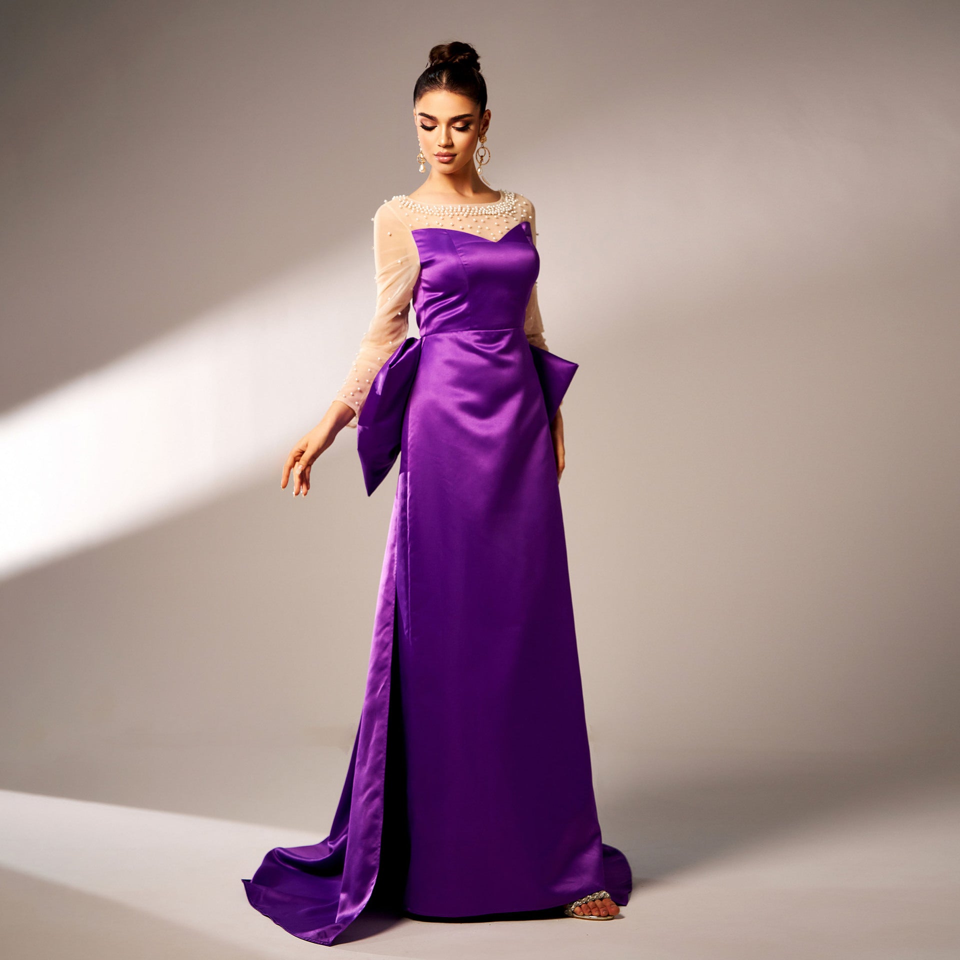 Long Sleeve Round Neck Formal Party Beaded Bow Evening Dress Women Bridesmaid Gown