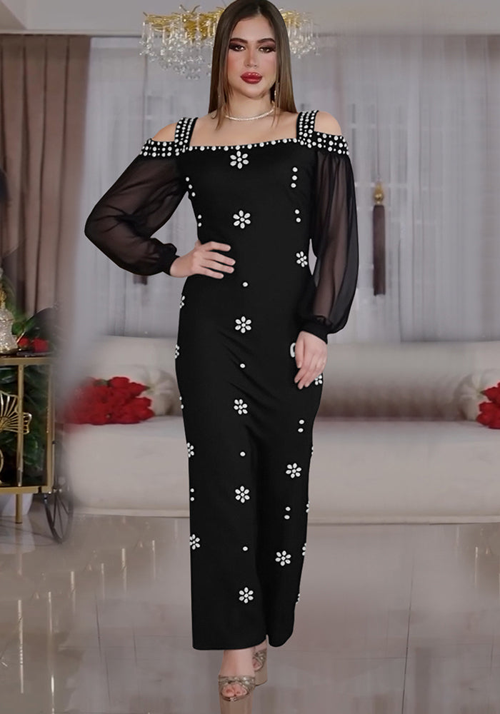 Fashion Women's Elegant Rhinestone Square Neck Mesh Slim Long Dress