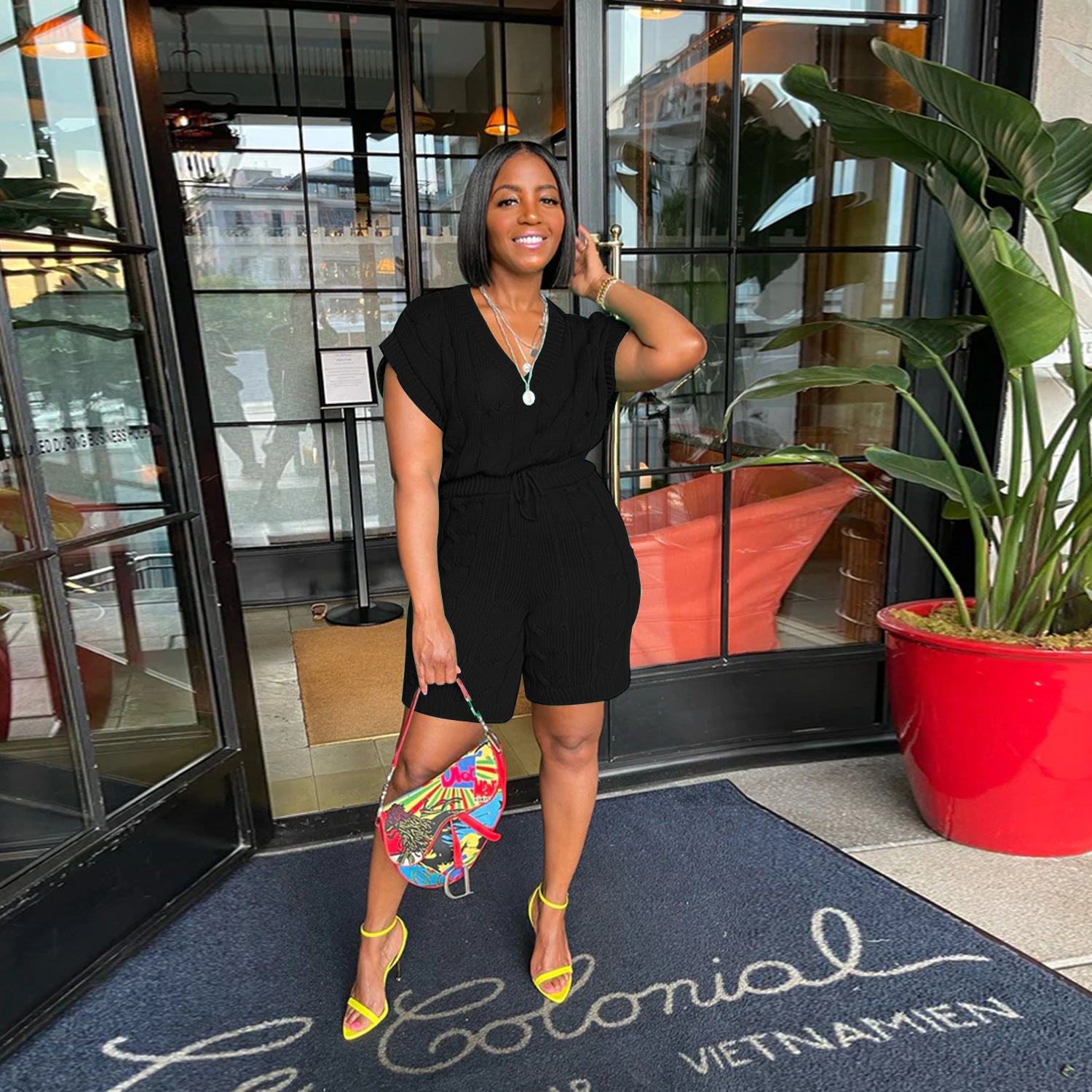 Sexy Solid Deep V Neck Sleeveless Loose Sweater Slim Shorts Two Piece Set 16