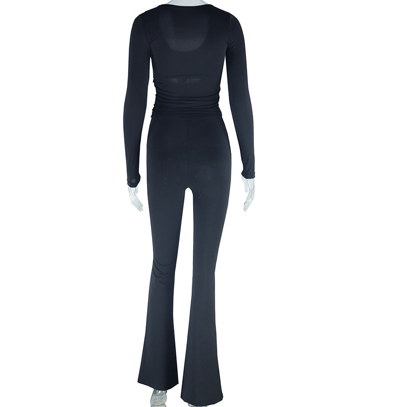 Women Solid Casual Mesh Patchwork Long Sleeve Top and Pants Two-piece Set 7