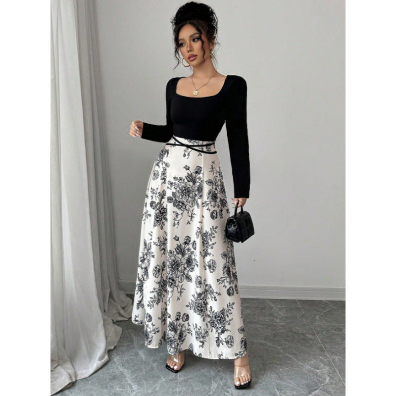 Women's Elegant Floral Print Square Neck Patchwork Tie-Waist Dress 6