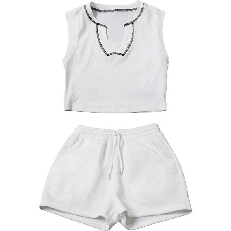 Women Summer Style Solid U-neck Sleeveless Crop Top and Shorts Two-piece Set 10