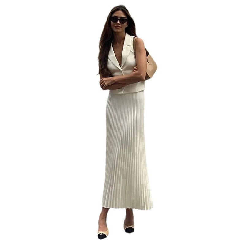 Women's Summer Turndown Collar Vest Top Pleated Skirt Suit 7