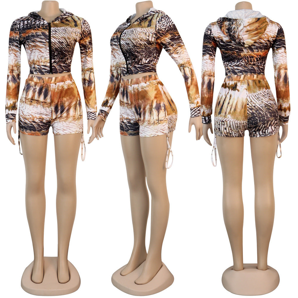 Print Hooded Zipper Long Sleeve Top Shorts Women's Casual Tracksuit 14