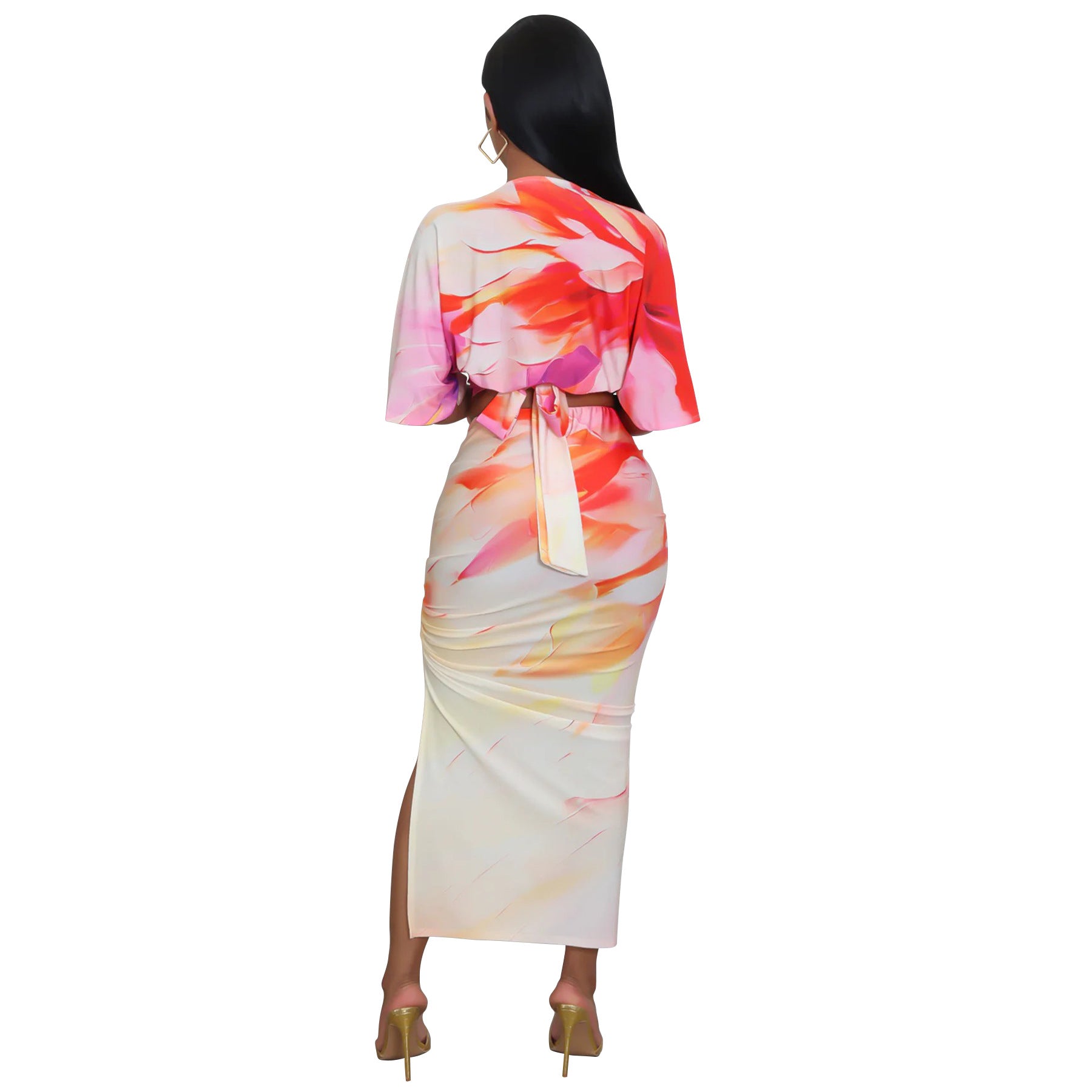 Summer Sexy Printed V Neck Top Side Slit Long Skirt Two Piece Set 43