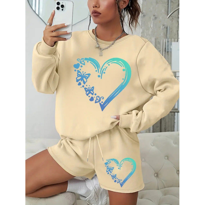 Women Round Neck Long Sleeve Top and Shorts Casual Two-piece Set 5