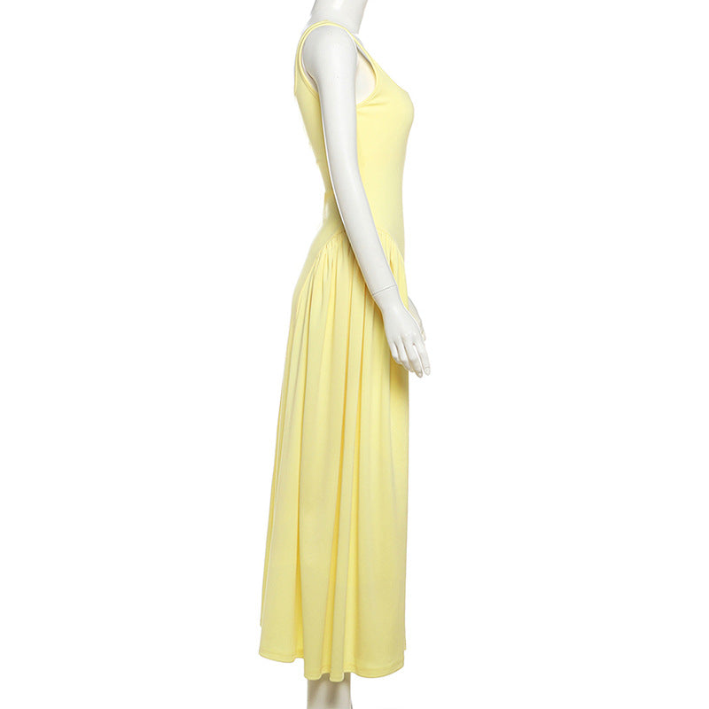 Summer Elegant Chic High Waist Solid Square Neck Strap A-line Dress 8