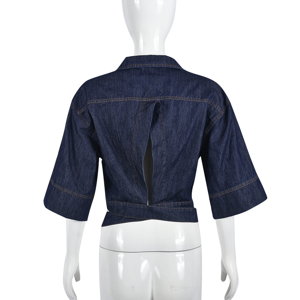 Fashion Turndown Collar sexy Crop Denim jacket top for women 7