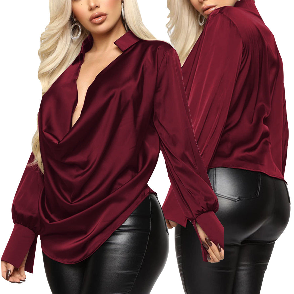 Sexy Fashion Solid Color Stretch Ladies Satin Blouse 16