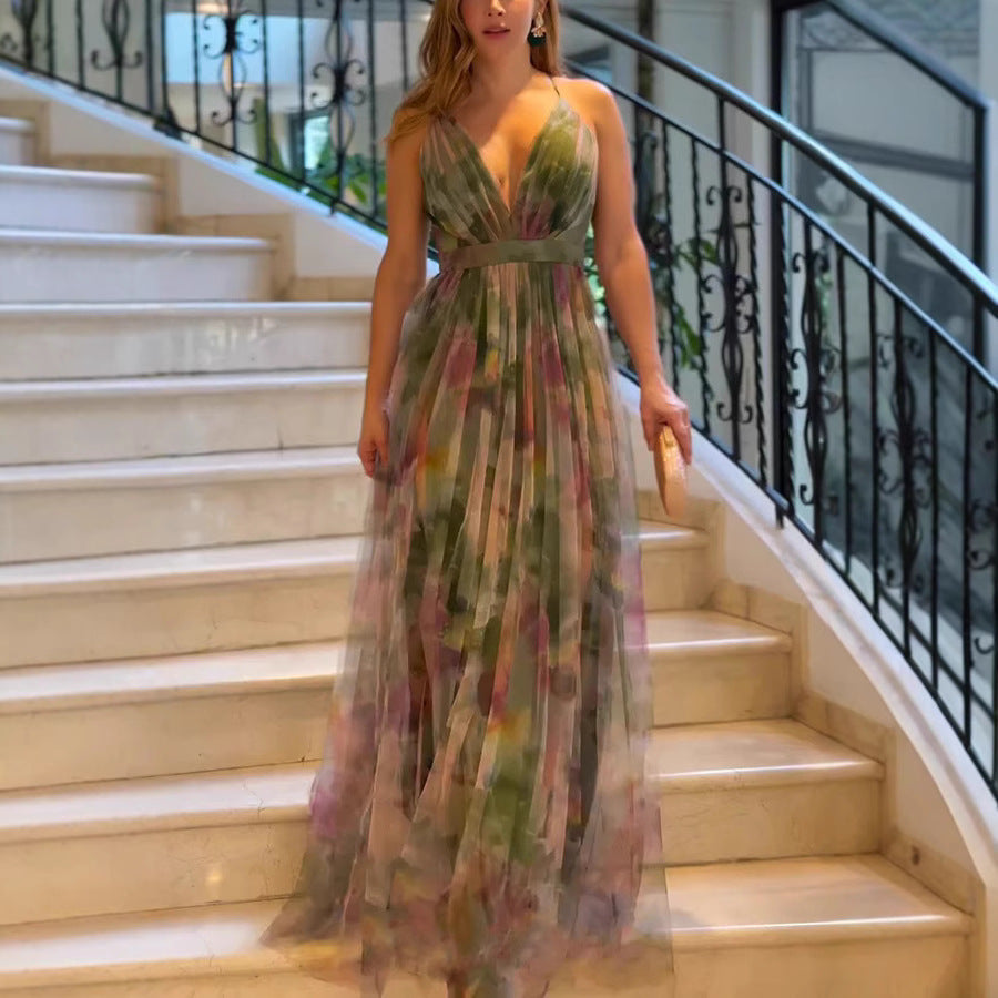 Spring/Summer Print Mesh Strap Casual Maxi Dress for Women