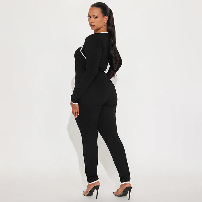 Women's Autumn Winter Solid Color Patchwork Color Block Trim Long Sleeve Top Slim Pants Set 13