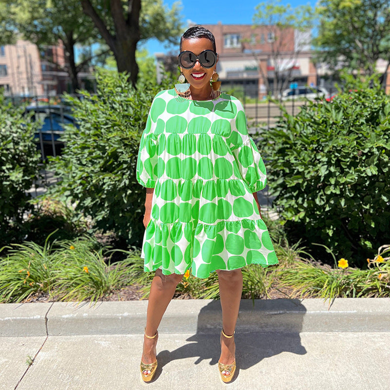 Summer Women Large Polka Dot Loose Round Neck Half-Sleeve Pleated Dress 7