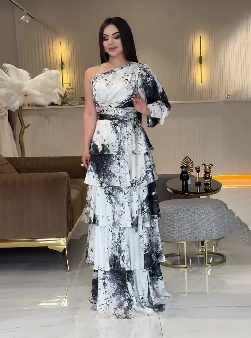 Summer U-Neck Printed Long-Sleeved Bell Bottom Sleeve Fashionable Slim Women's Dress 6