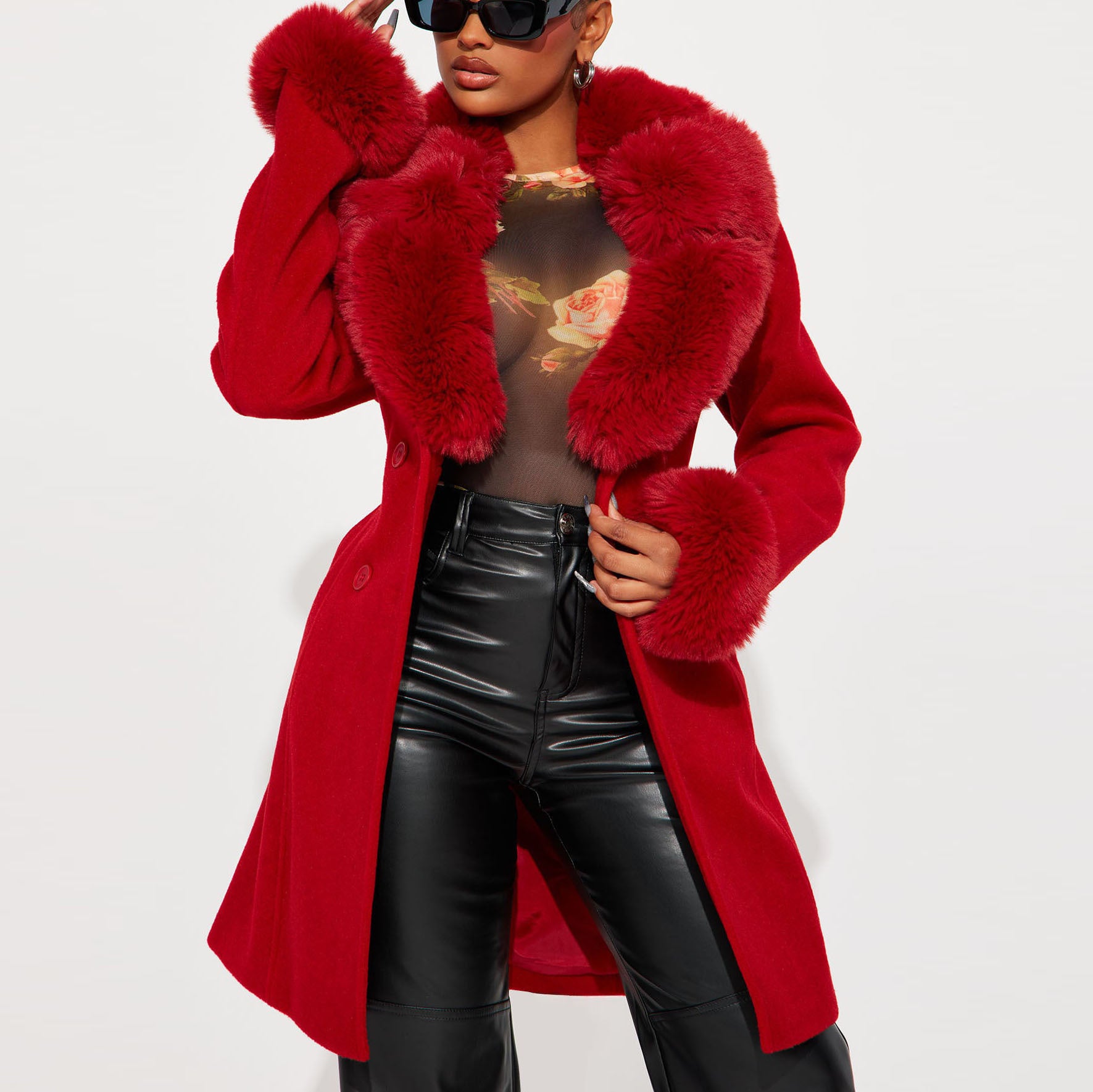 Fur Collar Slim Waist Faux Fur Coat 4