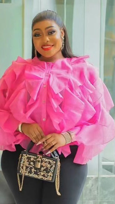 Women Round Neck Irregular Lotus Long Sleeve Casual Top Shirt 6