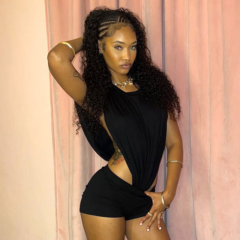 Women's Round Neck Sleeveless Side Cutout Bodysuit Top Tight Fitting Shorts Two-Piece Set 5