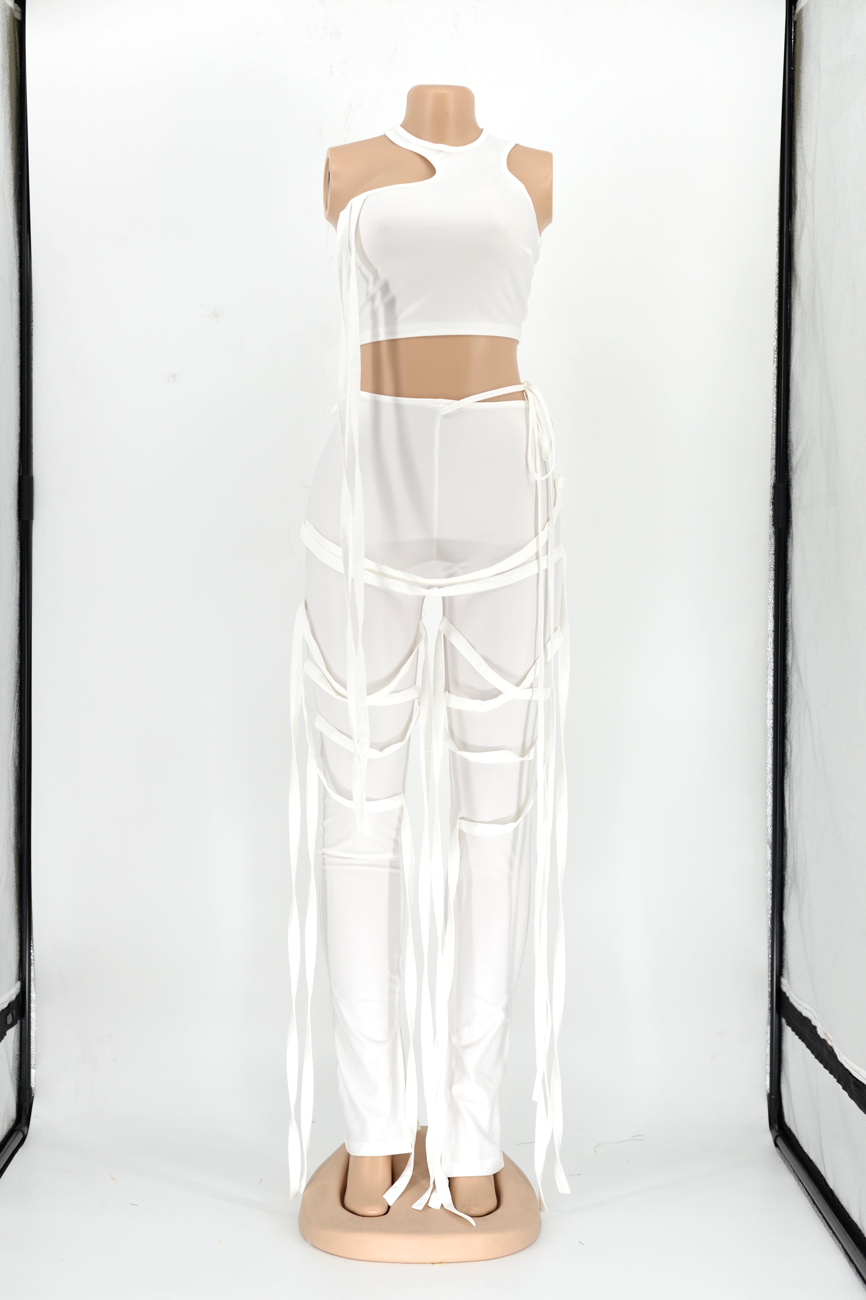 Summer White Sexy Tassels Bodycon Crop Top and Pants Set 3