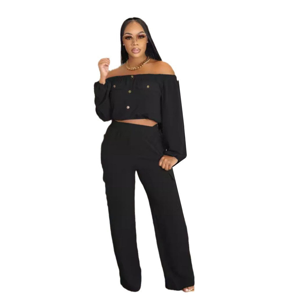 Women Solid Sexy Off Shoulder Long-sleeved Top and Wide-leg Pants Two-piece Set 11