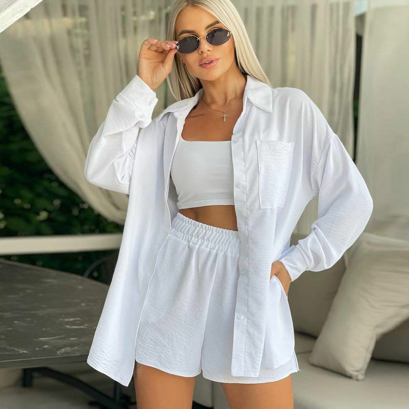 Spring and Spring Women's Solid Color Long-Sleeved Shirt Elastic Waist Loose Shorts Casual Two-Piece Set 14
