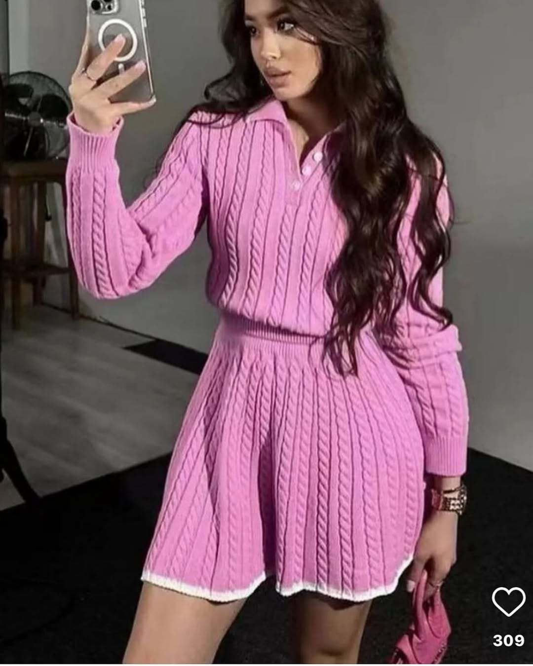 Women Knitting Long Sleeve Top and Skirt Two Piece Set 10