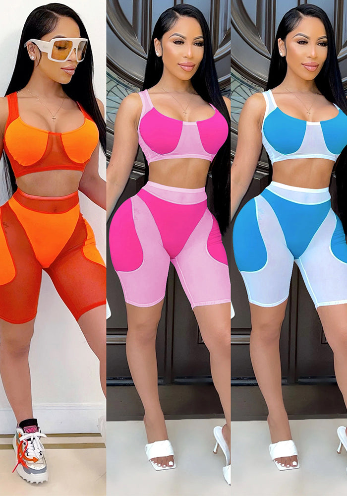 Women casual solid mesh color-blocking Top and Shorts Two Piece Set