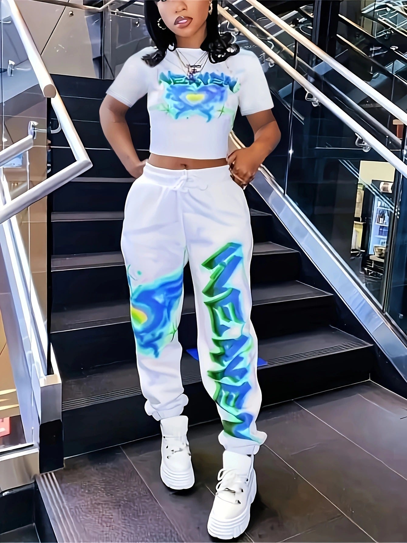 Spring Printed Fashionable Short Sleeve Two Piece Pants Set for Women 11