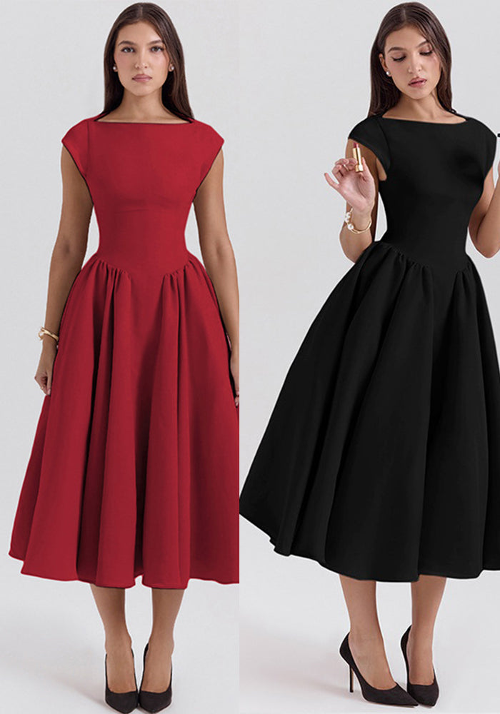 Women Spring Summer Solid Round Neck Backless Dress